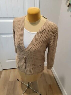 Crystal Kobe Sz XL Tan Crochet Knit Sweater Tie Waist Front Patch Pockets & Bibb